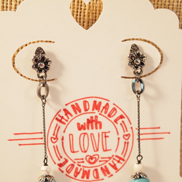 Long Howlite Turquoise Earrings Boho Dangle Pierced or Clip-on Earrings - Picture 4 of 8